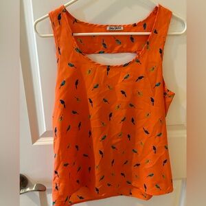 Orange Sleeveless Blouse with Birds, Cute Back Cutout